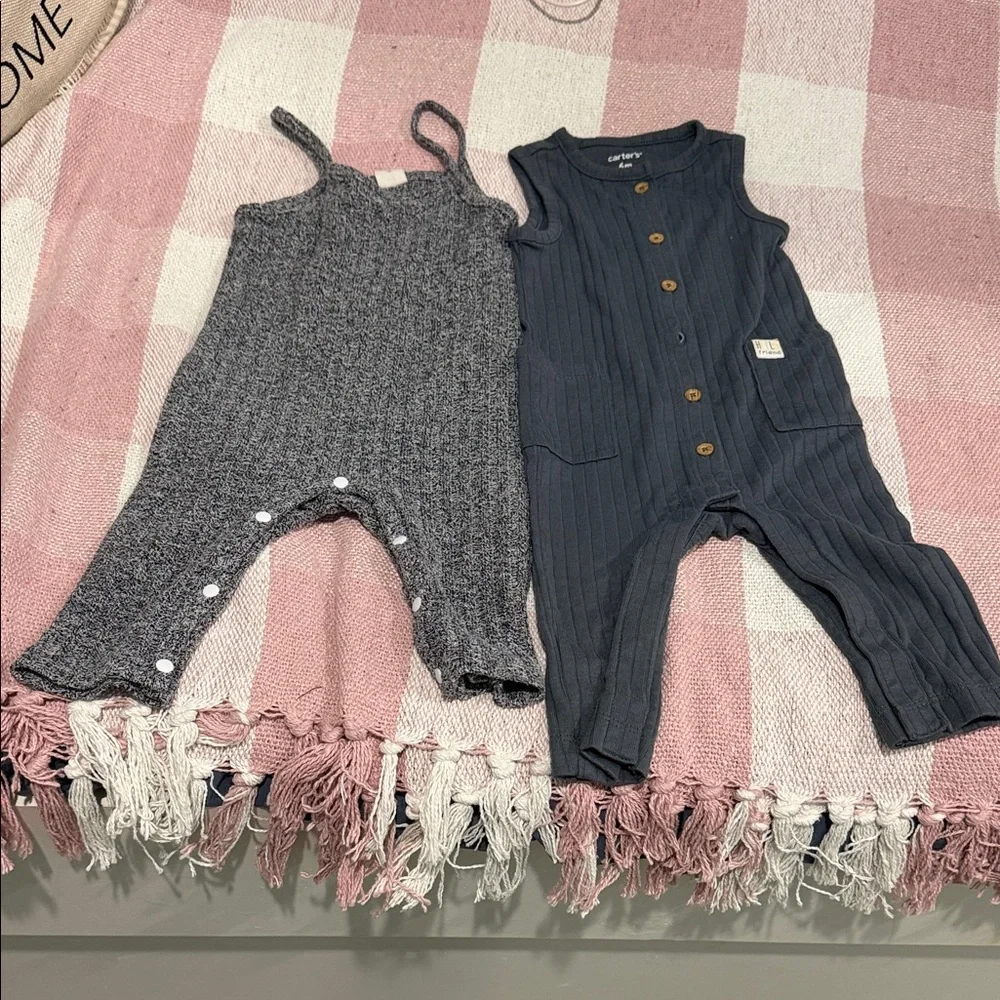 Carter's Charcoal Sleeveless Baby Romper Ribbed Navy Blue Pockets Cottagecore 6m